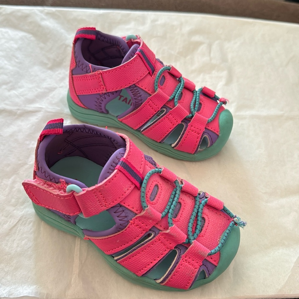 Girls pink, purple and blue water shoes / sandals. Size 5. Lightly worn.